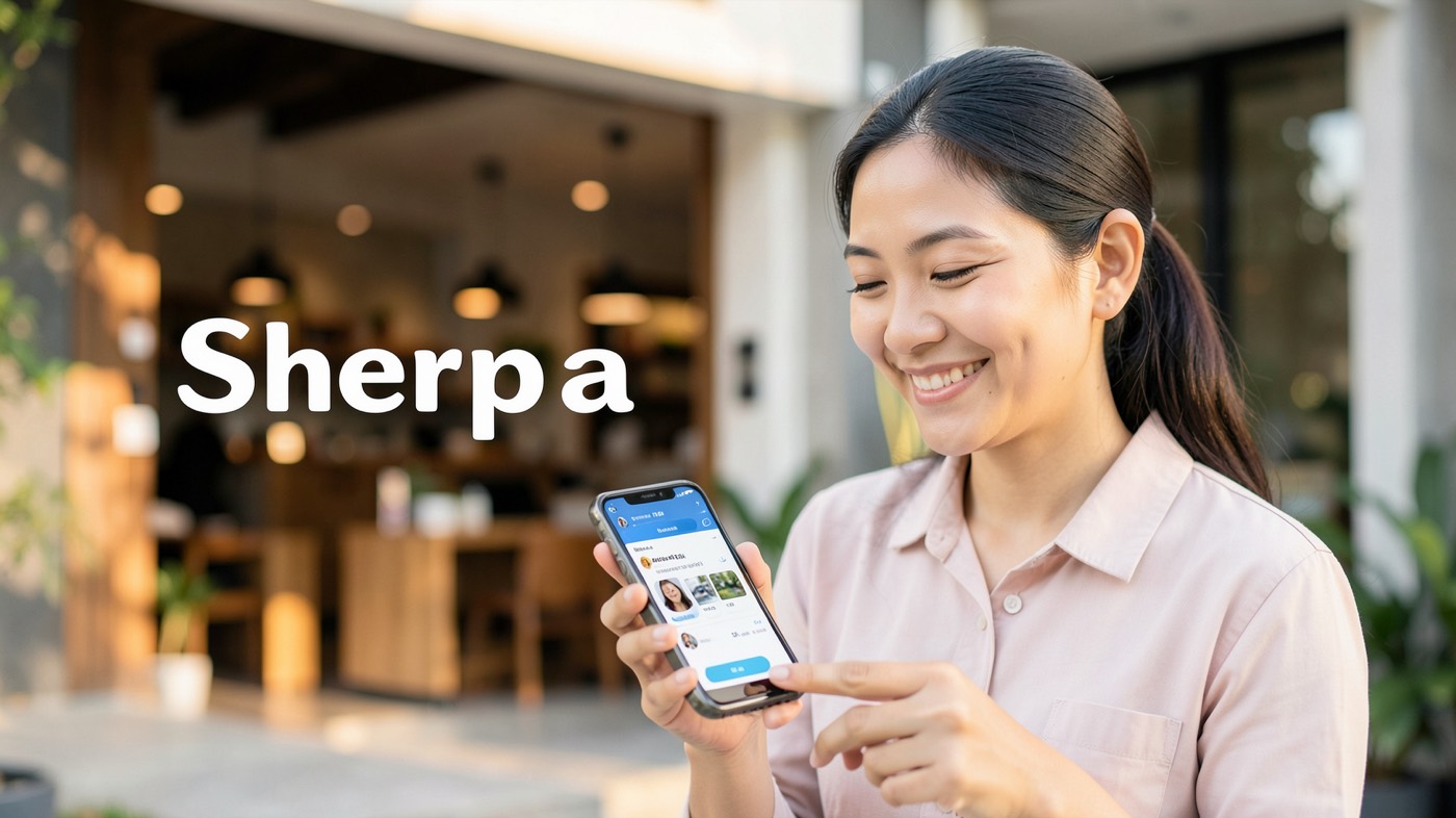 เจ้าของร้านยิ้มมองมือถือ คำว่า Sherpa มีช่องว่างแทรกกลางคำเป็น Sherp a