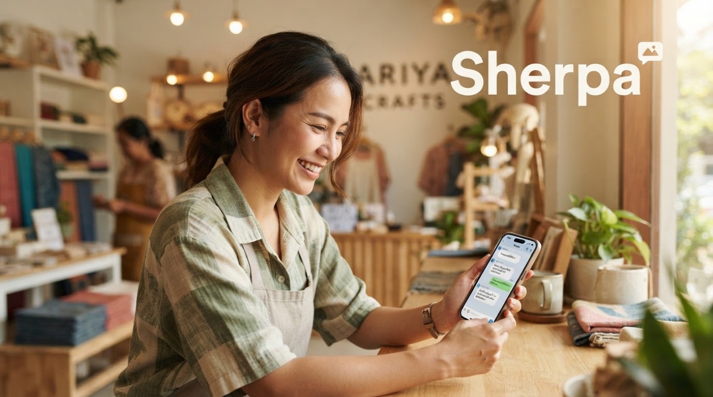 เจ้าของร้านคนไทยยิ้มมองมือถือ คำว่า Sherpa ตัวใหญ่คมชัด