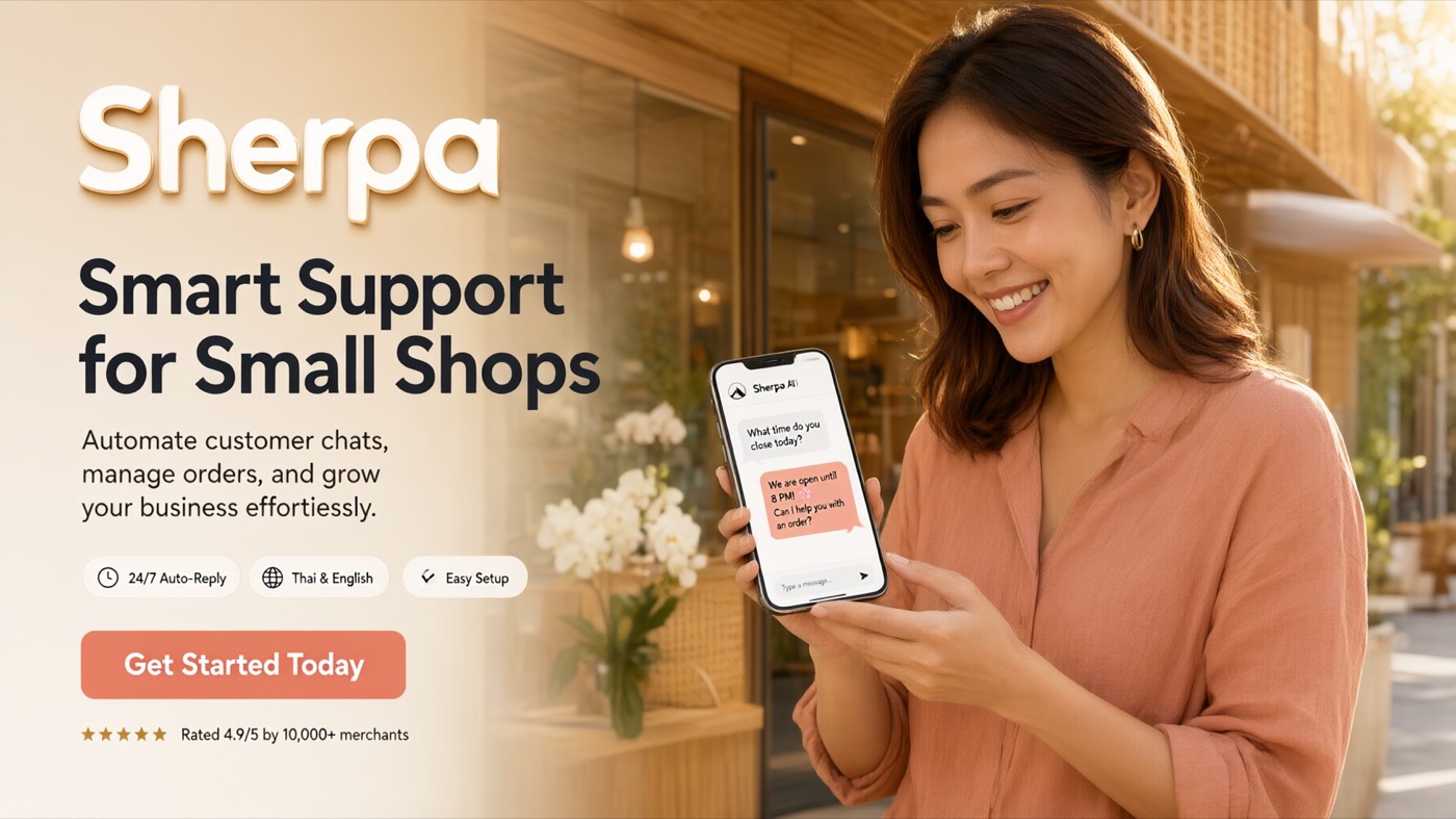 แบนเนอร์โฆษณาจัดวางเสร็จ มีหัวเรื่อง Smart Support for Small Shops ปุ่ม Get Started Today และดาวห้าดวง