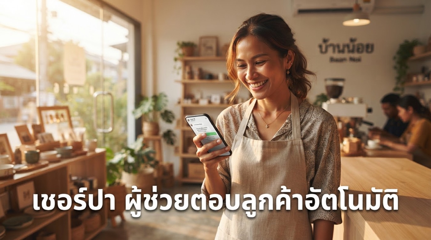 เจ้าของร้านในคาเฟ่ยิ้มมองมือถือ ข้อความไทยด้านล่างสะกดถูกต้อง